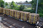 Stammholztransportwagen vom Einsteller TRANSWAGGON mit der Nr. 81 TEN 80 D-TWA 4723 197-7 Snps für die Fa. MERCER HOLZ am 06.08.17 Berlin-Springpfuhl.
