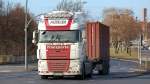 DAF XF 105.460 Container-Sattelzug der Sped PHIELER TRANSPORTE auf dem Weg zum Berliner Westhafen am 06.02.14 Berlin Beusselbr�cke.