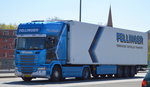 Niederl�ndischer Sattelzug der Sped FELLINGER mit SCANIA R410 Zugmaschine mit K�hlthermo-Trailer am 21.04.16 Berlin-Putlitzbr�cke.