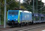 Recht �berraschend fuhr die MRCE Mietlok ES64F4-805 von PKP Cargo noch am Abend mit einem Leerzug PKW-Transportwagen Richtung Polen, 02.10.12 Berlin-Blankenburg.