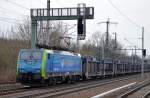 PKP Cargo mit MRCE Mietlok EU45-152/ES64F4-152 mit Leerzug PKW-Transportwagen Richtung Karower Kreuz Berlin, 18.03.14 Berlin-Blankenburg.