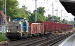 MWB V 1802 (92 80 1203 107-8 D-MWB) mit Leerzug offener G�terwagen + Drehgestellflachwagen mit Rungen f�r Holztranporte Richtung Bernau am 11.07.12 Berlin-Karow.
