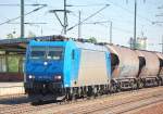 Leasinglok 185 523-8 (94 80 0 185 523-8) ist f�r EKO Trans t�tig, am 09.05.11 fuhr sie mit einem Ganzzug Staubsilowagen (Steinkohlestaub) durch den Bhf.