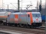 hvle 185 583-2  Havelland  (91 80 6185 583-2 D-HVLE, Bj.2008) mit einem Ganzzug Gasdruckkesselwagen Richtung Berlin-Spandau, 19.03.10 Berlin-Beusselstr.