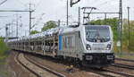 HSL mit Railpool Mietlok 187 307-4 [NVR-Number: 91 80 6187 307-4 D-Rpool, Bombardier Bj.2016] und PKW-Transportzug fabrikneuer Toyota und LEXUS PKW und Pickup Modellen Richtung Osten am 10.05.17 Bf.