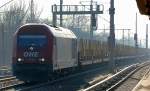 OHE 270080 (223 101-7) mit Ganzzug Holzrungentransportwagen (leer) Richtung Bernau am 05.02.14 Berlin-Blankenburg.