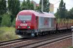 OHE 270082 (92 80 1223 103-3 D-OHE, Siemens, Bj.2007) mit einem Leerzug Drehgestellflachwageneinheiten f�r den Holztransport Richtung Berlin-Blankenburg, 10.08.10 Berlin-Pankow.
