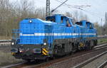 Kleines Highlight am heutigen Tag, die Spitzke Logistik mit ihren vossloh Loks G 18-SP-018 (92 80 4180 000-6 D-SLG) + G 18-SP-019 (92 80 4180 002-2 D-SLG) bei der Durchfahrt Bf.